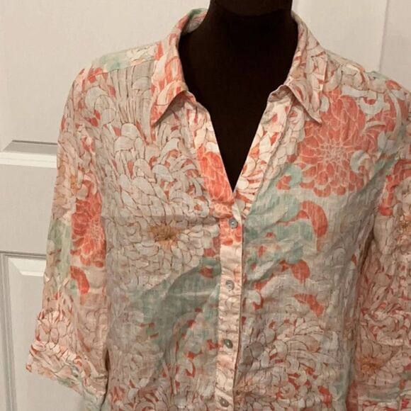 Chico's 100% Linen Floral Button-Down Shirt Beachy Coral Mint Blue Size Large/2 - Picture 3 of 9